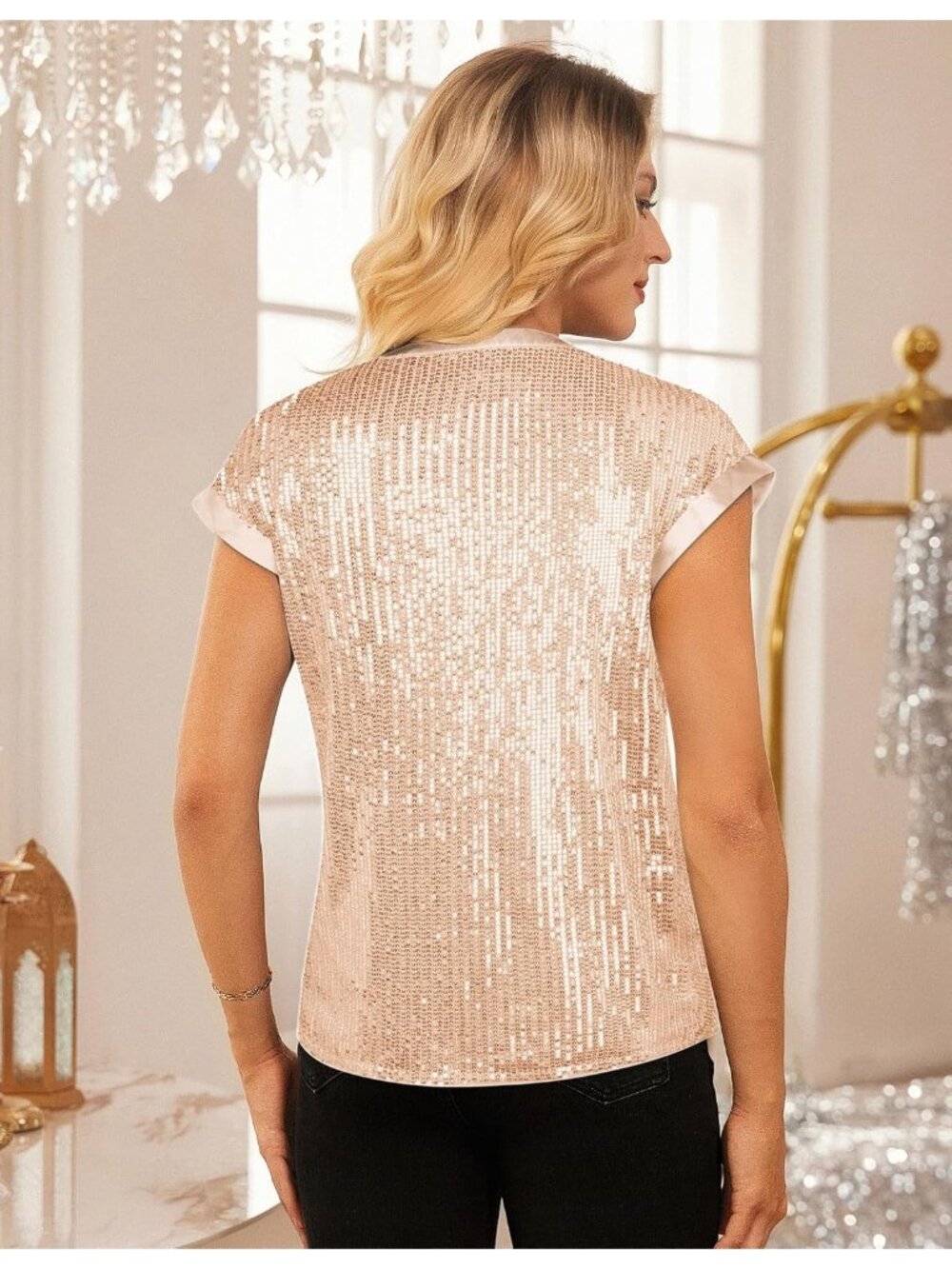 Women's Champagne Sparkly Cap Sleeve Dressy Blouses Glitter Party V Neck Tops - Picture 5 of 6